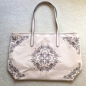 Charming Charlie Shoulder Bag Embroidered Beige Gray Pockets Zipper